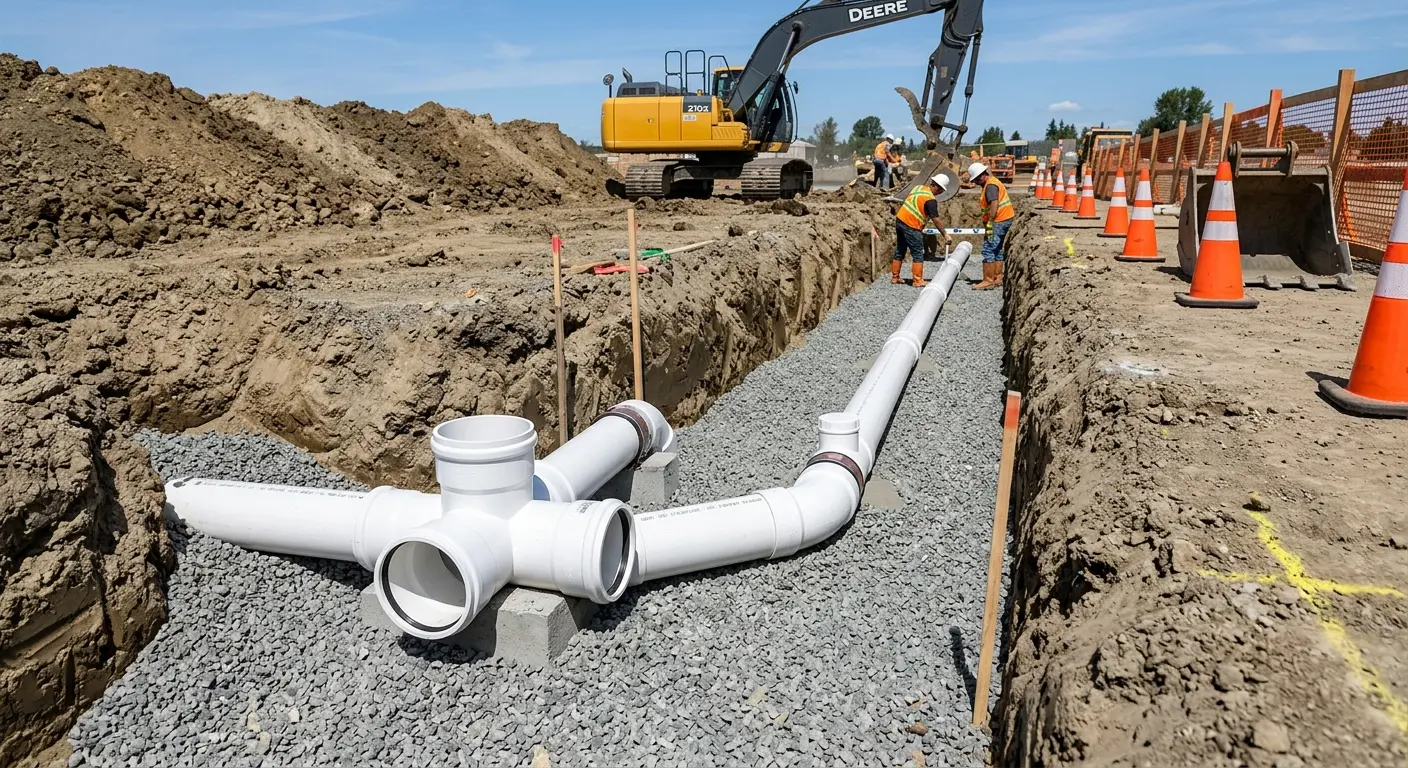 New PVC sewer pipe installation in open trench for Sewer Backup in Munford