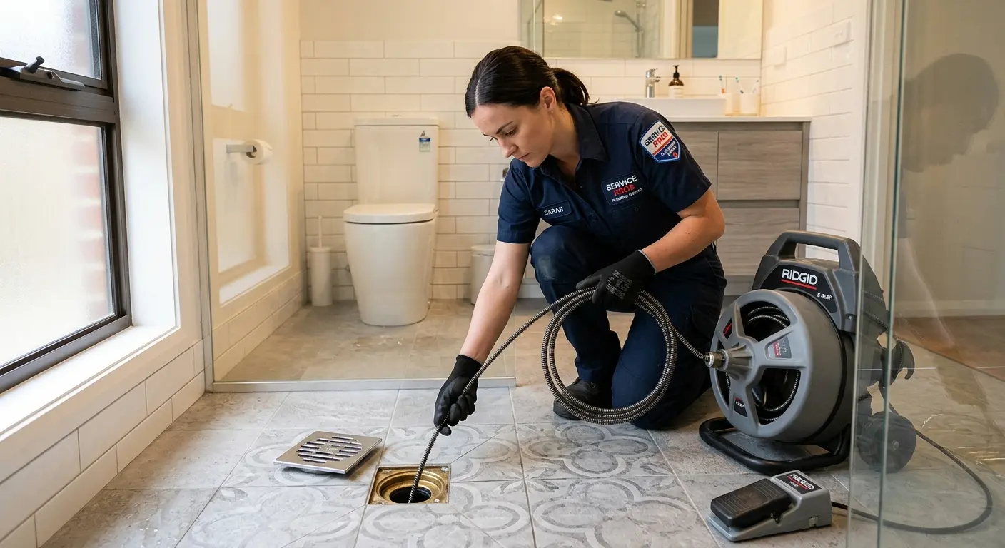 Technician clearing a bathroom floor drain for Sewer Line Installation in Munford